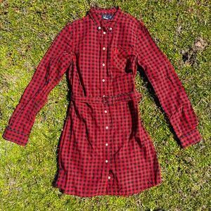 FRED PERRY shirt dress in red black plaid check w matching belt S